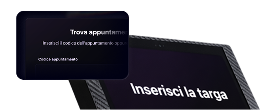 Schermate del kiosk Ariaa per la ricerca appuntamento tramite codice e l'inserimento della targa del veicolo