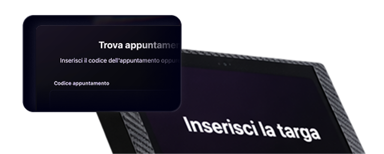 Schermate del kiosk Ariaa per la ricerca appuntamento tramite codice e l'inserimento della targa del veicolo