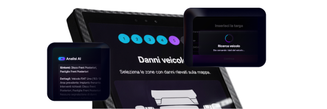 Schermate del kiosk Ariaa con mappa visuale del veicolo per selezione zone danneggiate e report AI dei danni rilevati