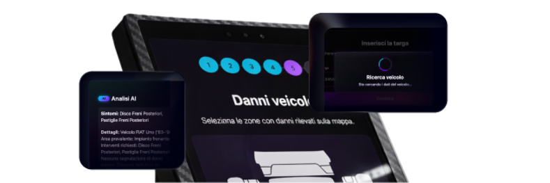 Schermate del kiosk Ariaa con mappa visuale del veicolo per selezione zone danneggiate e report AI dei danni rilevati
