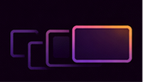 Illustrazione grafica con schermi multipli sovrapposti con bordi luminosi viola e arancio