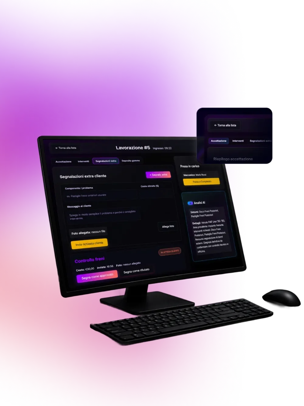Il pannello Ariaa aperto su una lavorazione, su un monitor in officina