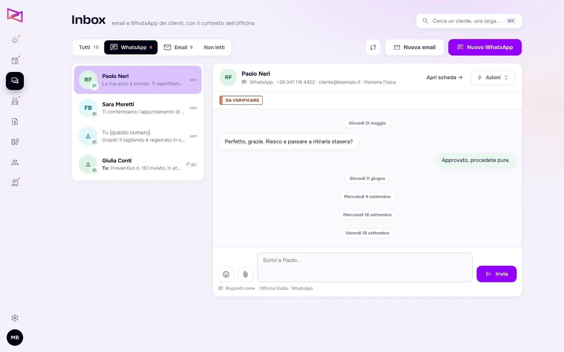 Inbox con la conversazione WhatsApp tra officina e cliente