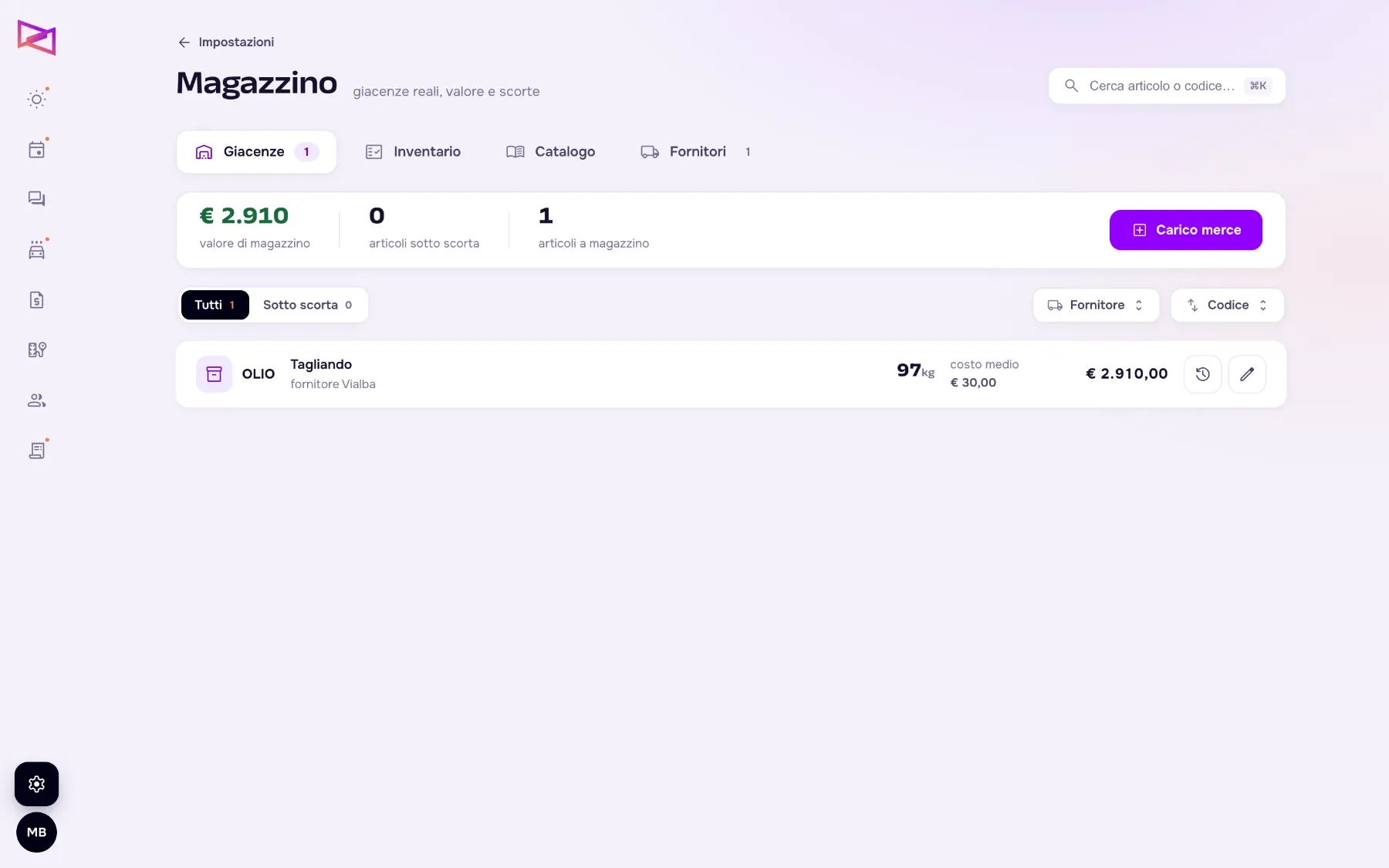 Magazzino ricambi con giacenze