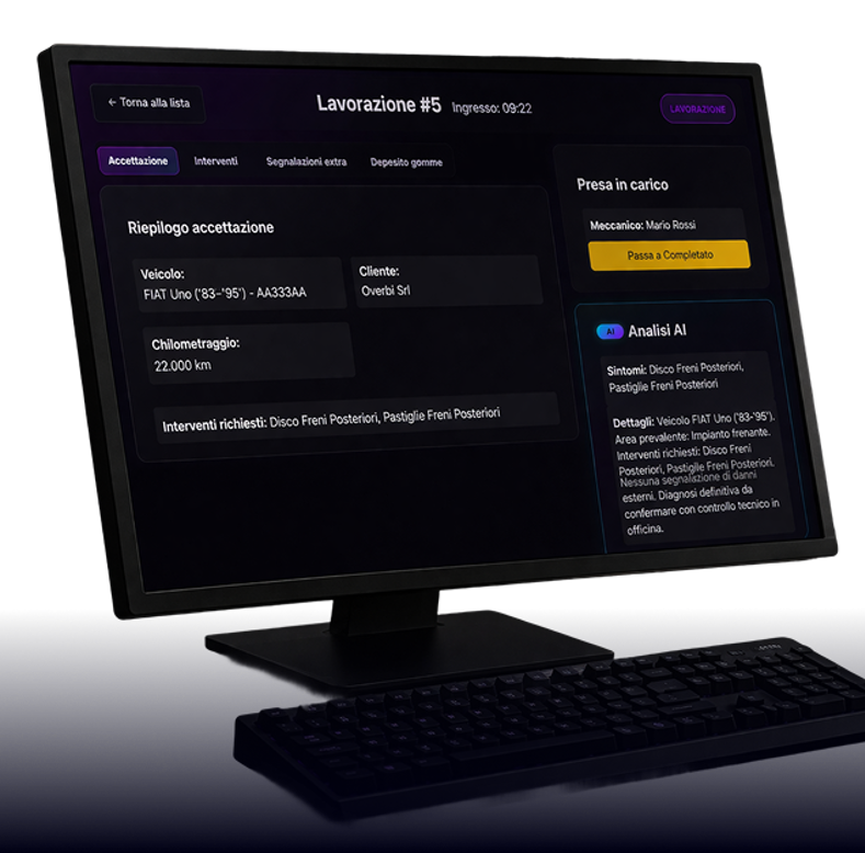 Pannello Ariaa con riepilogo accettazione: dati veicolo, cliente, chilometraggio, interventi richiesti e report AI dei danni
