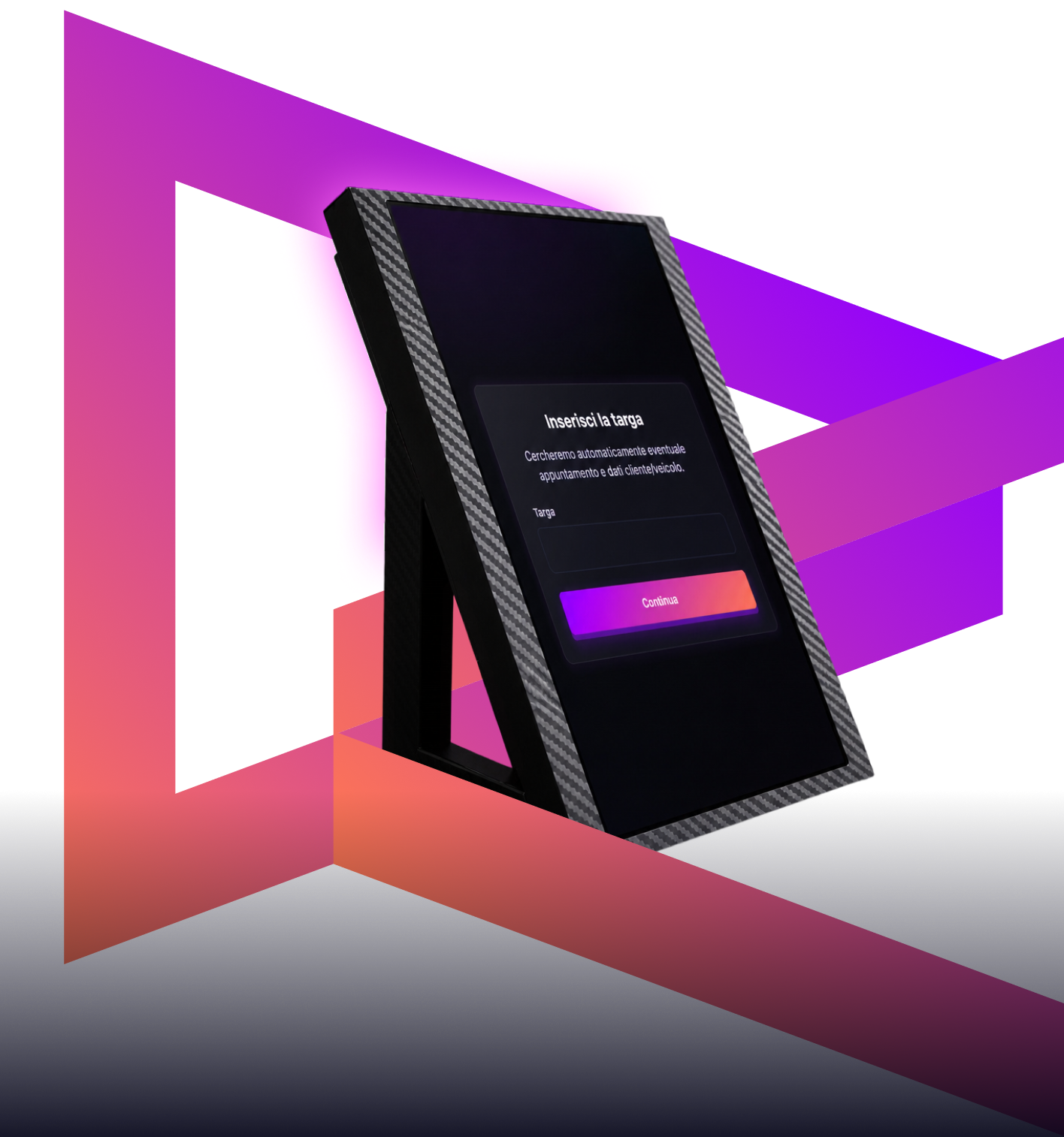 Il logo di Ariaa formato dalle due A stilizzate si sovrappone al tablet con la schermata aperta sull'accettazione del cliente