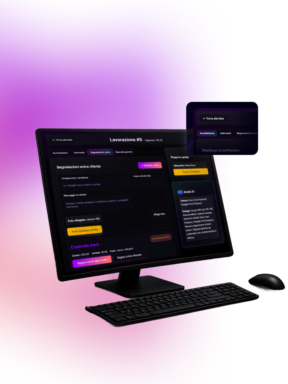 Software gestionale Ariaa: pannello commesse con dettagli lavorazione e analisi AI su desktop