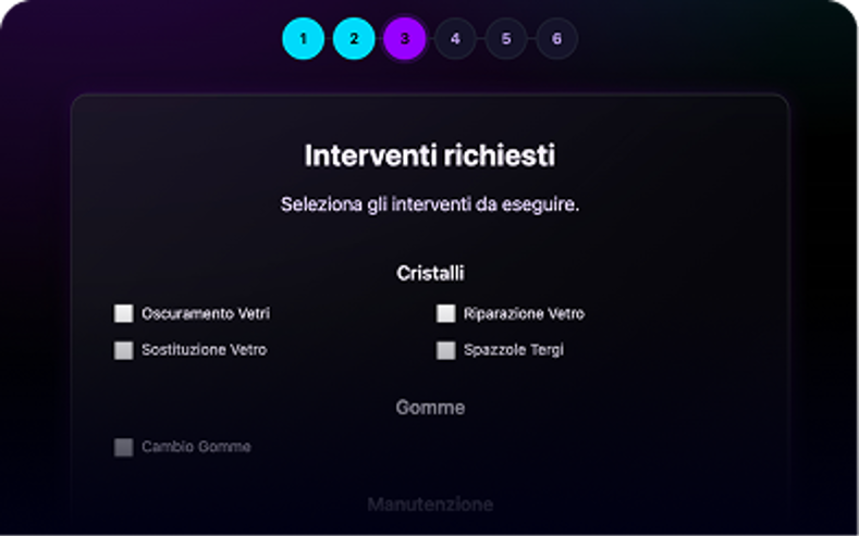 Schermata del kiosk Ariaa con selezione degli interventi richiesti suddivisi per categoria