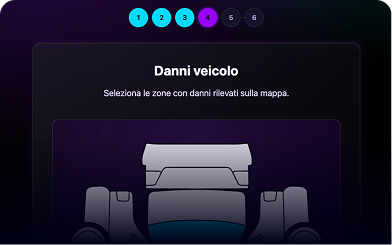 Schermata del kiosk Ariaa con mappa visuale del veicolo per la selezione delle zone con danni rilevati