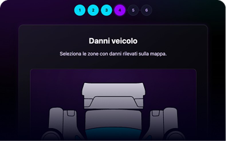 Schermata del kiosk Ariaa con mappa visuale del veicolo per la selezione delle zone con danni rilevati
